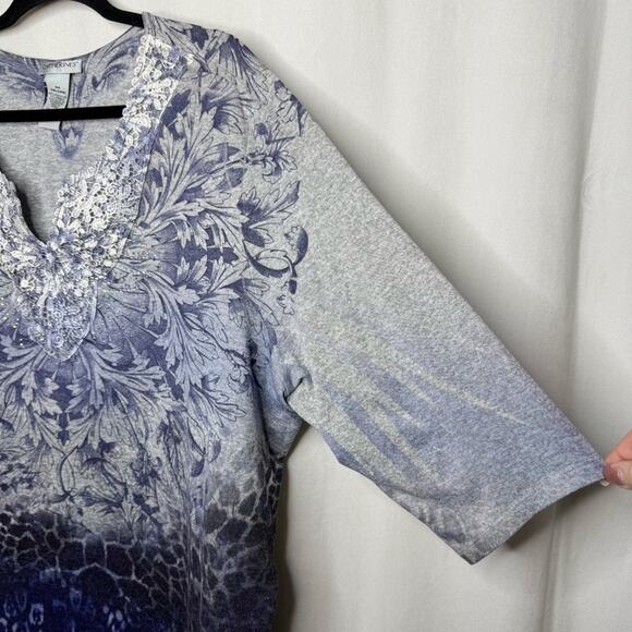 CATHERINE'S / blue ombre mixed media floral cheetah printed 3/4 sleeve tee / 3X - Picture 3 of 7